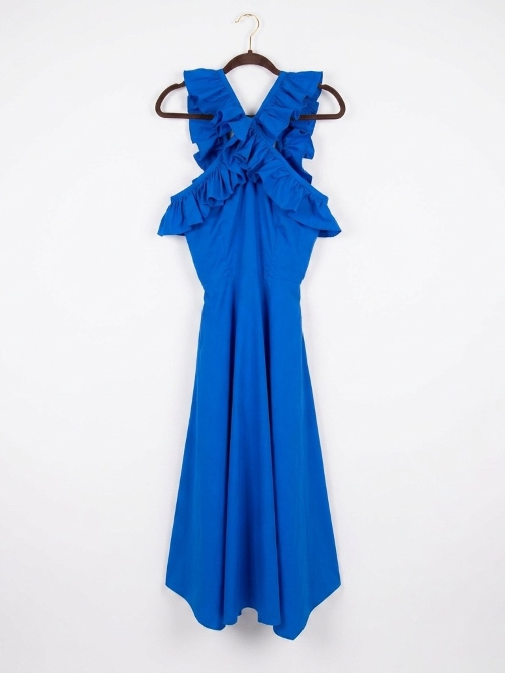 Mona European Boutique Cobalt Blue Ruffle Halter Midi Dress Open Back